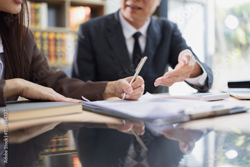 Lawyer or judge consult, Businessman and woman lawyers discussing about contract and agreement concept. photo