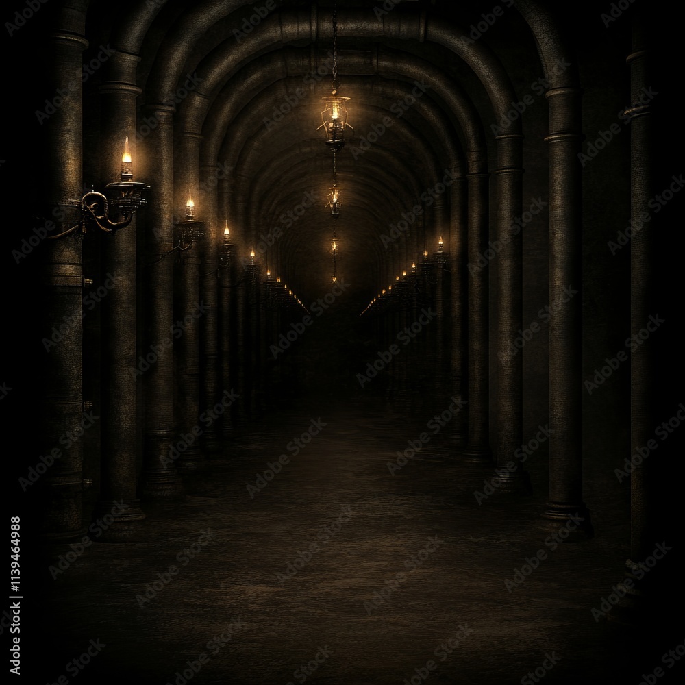 Fototapeta premium Dark Archway Corridor with Glowing Candles and Lanterns