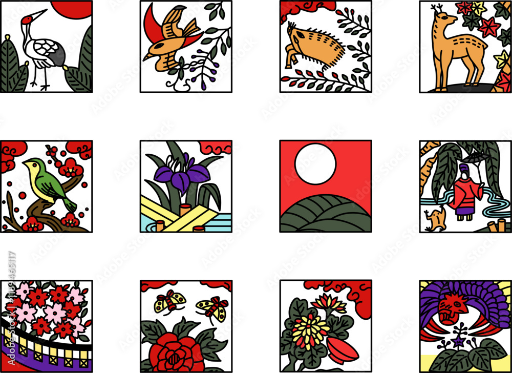 Fototapeta premium 12種類のカラーシンプル正方形花札アイコンセット