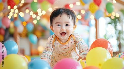 Obraz na płótnie A joyful Asian baby surrounded by colorful balloons and festive decorations, beaming with happiness and capturing the magic of a fun-filled celebration. w salonie