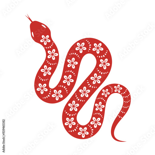 Red twisted snake with floral ornament. Hand drawn vector illustration in asian style.