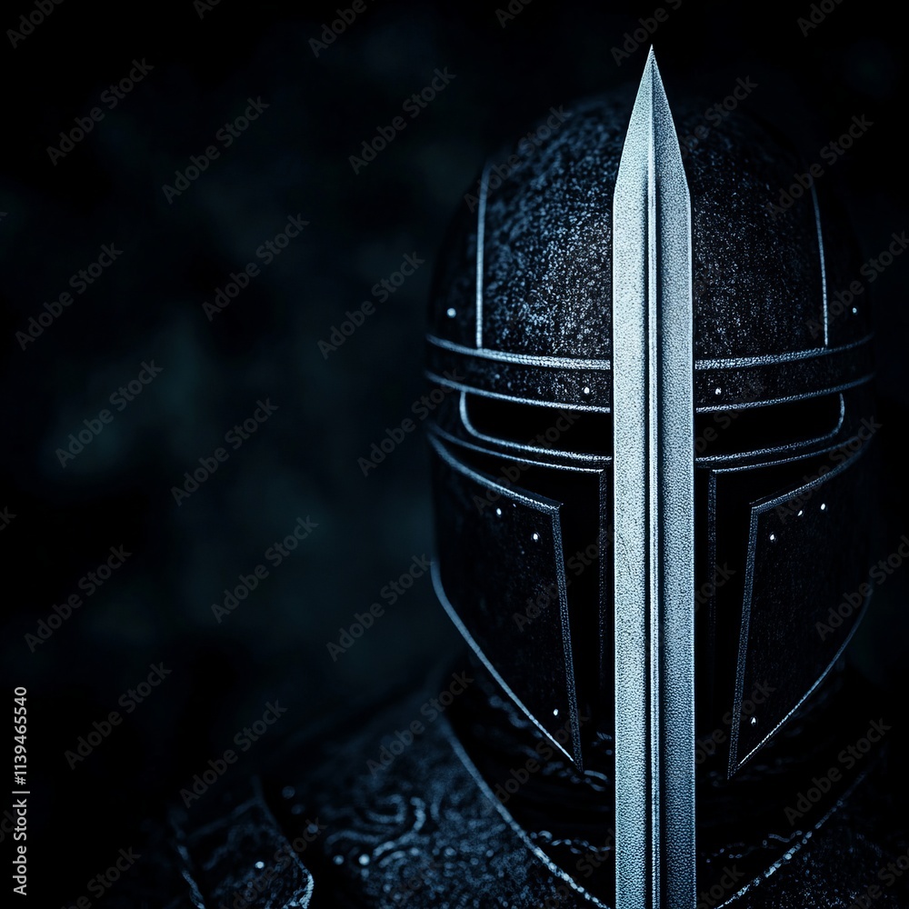 Obraz premium Dark Knight's Steel Helmet and Sword Closeup