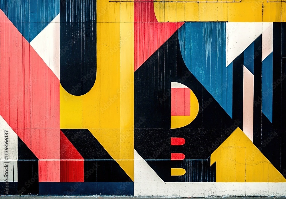 Naklejka premium Abstract geometric mural, with bold lines and shapes in primary colors on an urban wall.