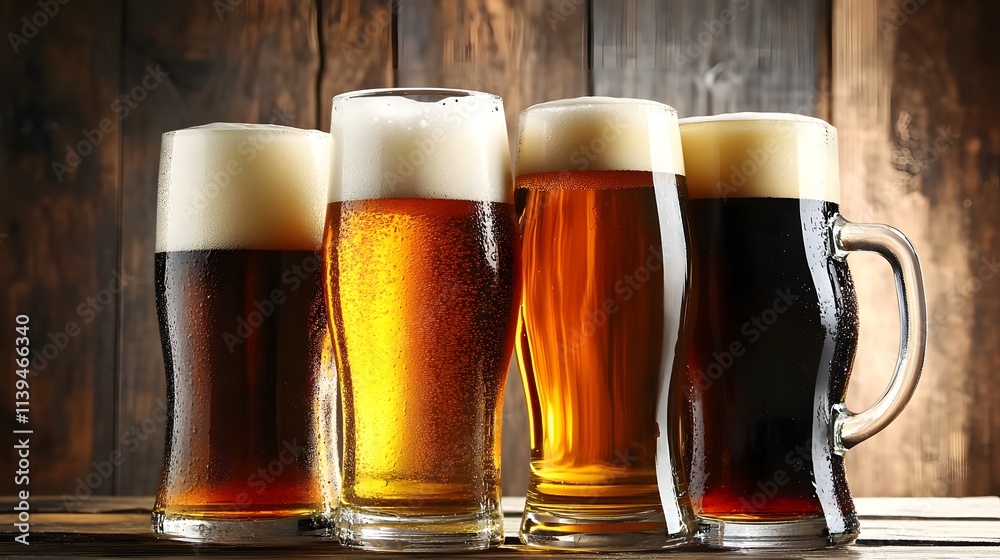 Four glassed of beer on wooden background Four glassed of beer on wooden background