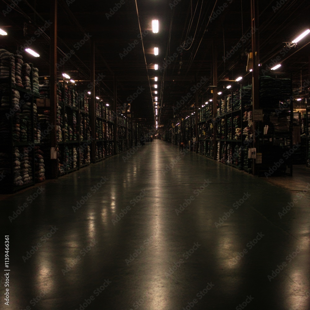 Fototapeta premium Dark Warehouse Interior with Rows of Stacked Goods at Night