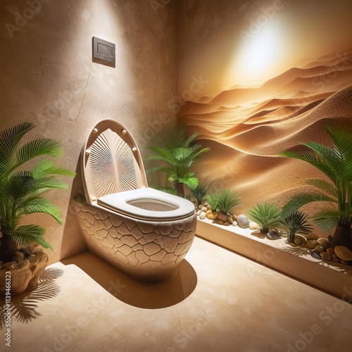 311 A toilet with a desert inspired design featuring a peaceful photo