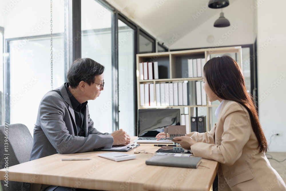 Real estate agent offering rent or buying house, Contract agreement and money, Real estate inheritance concept, Two asian people talking, Real estate agent offering rent or buying house, Contract agreement and money, Real estate inheritance concept, Two asian people talking,