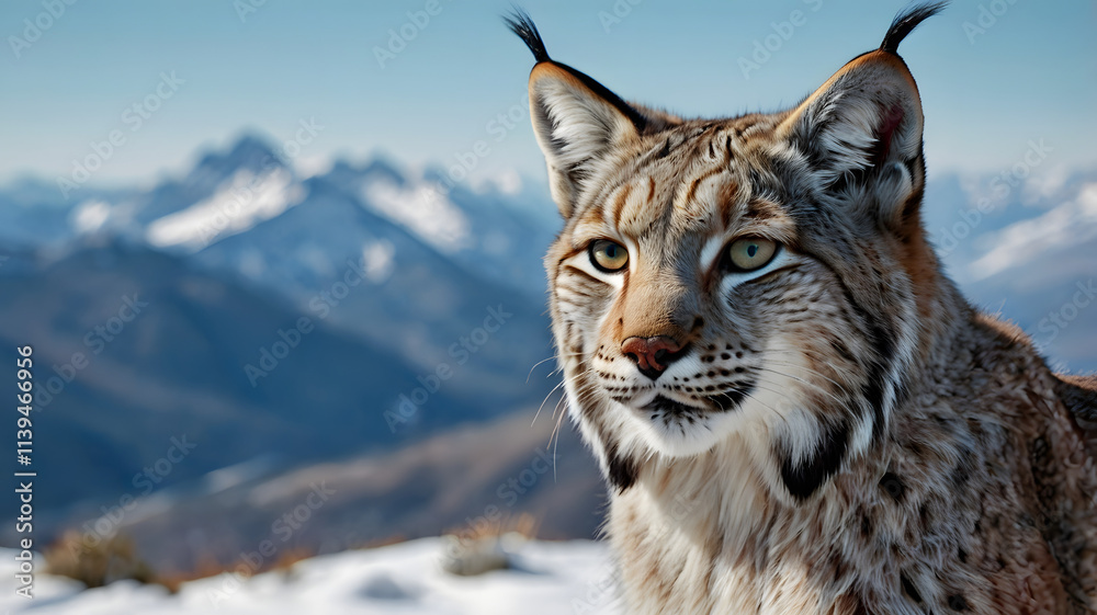 Obraz premium Lynx in the Wild: A majestic lynx surveys its domain, gazing out from a snowy mountain peak, with a backdrop of majestic peaks.