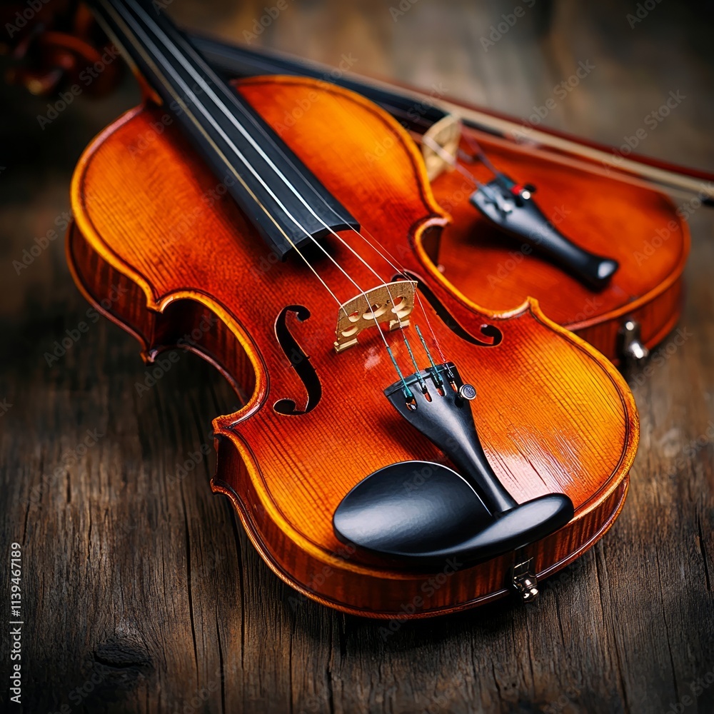 Duo of Polished Violins Resting on Rustic Wood Duo of Polished Violins Resting on Rustic Wood