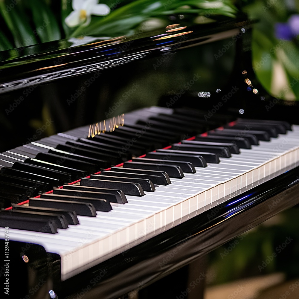 Elegant Black Grand Piano Keys Closeup with Floral Background Elegant Black Grand Piano Keys Closeup with Floral Background