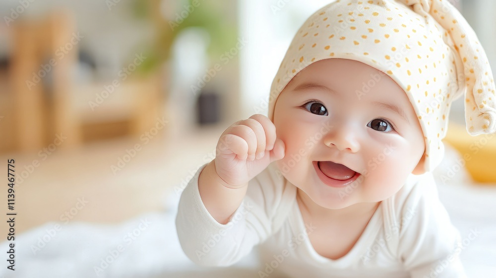A smiling Asian baby with sparkling eyes and a cute polka-dot hat radiates happiness while playing gently on a cozy white blanket in a warmly lit home environment. A smiling Asian baby with sparkling eyes and a cute polka-dot hat radiates happiness while playing gently on a cozy white blanket in a warmly lit home environment.