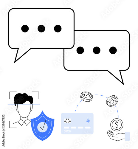 Speech bubbles, facial recognition, shield, payment card, and hand with coins. Ideal for digital communication, online security, identity verification, e-commerce mobile payments fintech