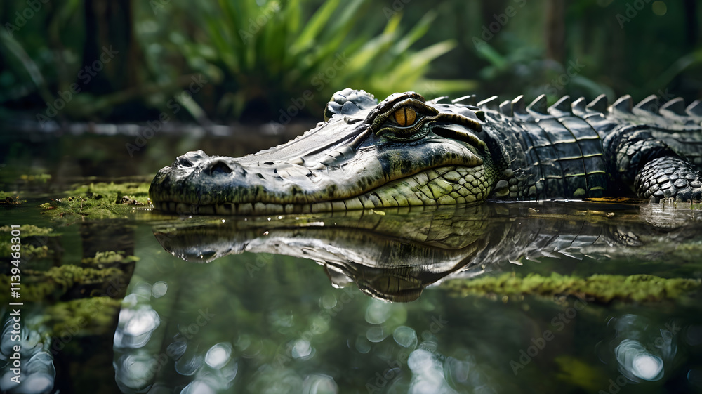 Obraz premium Spectacled Caiman in the Amazon: Majestic Spectacled Caiman basking in the tranquil waters of the Amazon, its reflection mirroring the serene beauty of its natural habitat.