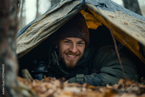 Smiling survivalist, preparing a shelter in the wilderness, looking at camera, Close-up outdoors portrait