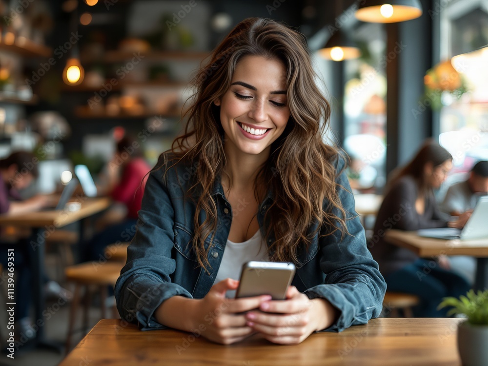 Smiling Woman Using Smartphone in Cozy Café, Relaxed Modern Lifestyle, Social Media and Digital Communication, Casual Work or Leisure in Coffee Shop Environment Smiling Woman Using Smartphone in Cozy Café, Relaxed Modern Lifestyle, Social Media and Digital Communication, Casual Work or Leisure in Coffee Shop Environment