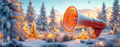 Megaphone surrounded a glowing winter scene, including ice sculptures and frosty trees