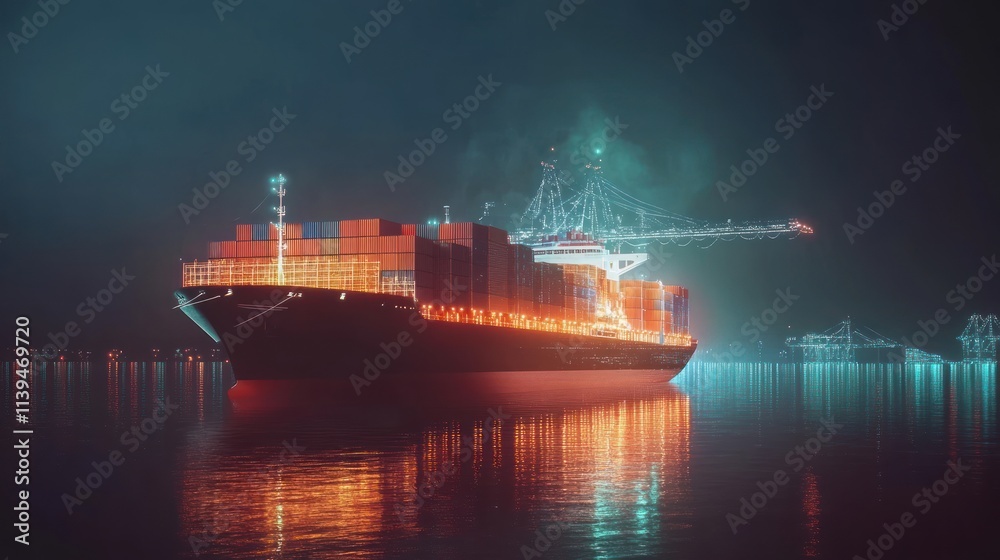 Obraz premium A brightly lit container ship docked at night, reflecting on calm waters.