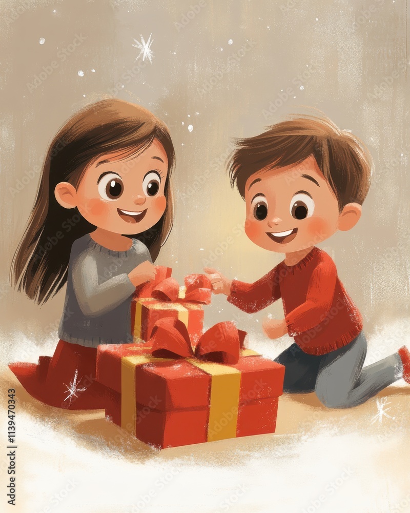 Two cheerful children, a girl of Hispanic descent and a boy of Caucasian descent, excitedly unwrapping a gift. Two cheerful children, a girl of Hispanic descent and a boy of Caucasian descent, excitedly unwrapping a gift.