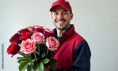 a man in the image of a delivery man hands over a large ordered bouquet from florists to congratulate on Valentine's Day, Birthday, Anniversary, Mother's Day, Wedding