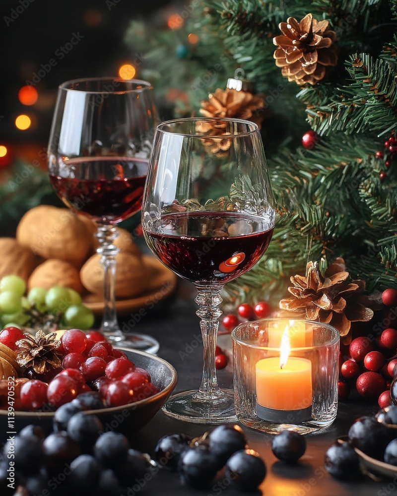 A cozy holiday setting featuring red wine, fruits, and candles, complemented by festive pine and pinecones. A cozy holiday setting featuring red wine, fruits, and candles, complemented by festive pine and pinecones.