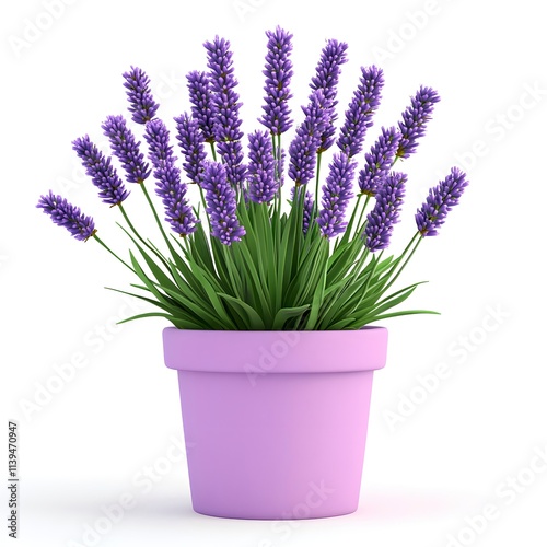 Vibrant Lavender Plant in a Soft Purple Flower Pot, Blooming with Fresh Green Leaves and Delicate Purple Flowers, Perfect for Home Decor, Gardening, Relaxation, and Aromatherapy Concepts