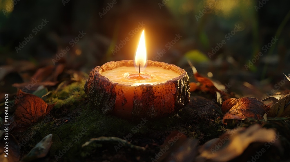 A candle burns softly on a mossy forest floor surrounded by autumn leaves. A candle burns softly on a mossy forest floor surrounded by autumn leaves.