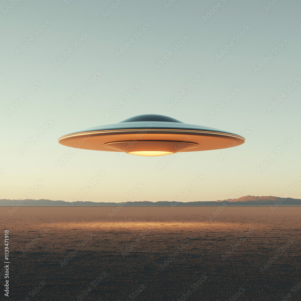 Classic UFO hovering above barren desert landscape at sunrise with glowing light, futuristic alien spacecraft, sci-fi concept, and atmospheric extraterrestrial scene

