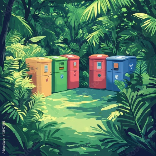 Colorful mailboxes nestled in a lush, green jungle, creating a whimsical and inviting atmosphere. photo