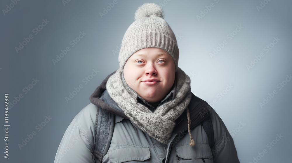 Portrait of smiling laughing man with Down syndrome gray background. Portrait of smiling laughing man with Down syndrome gray background.