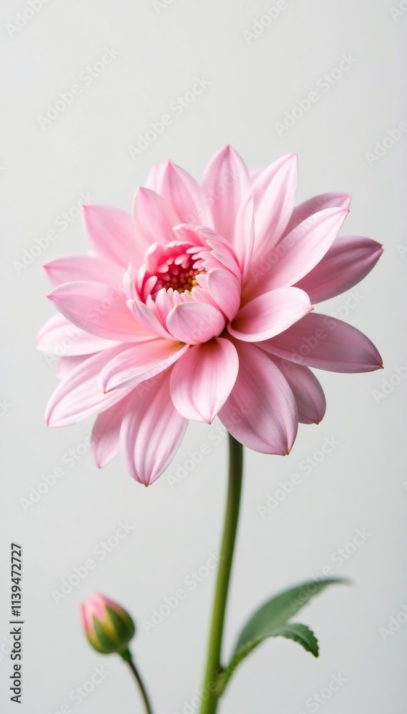 Fototapeta premium Soft pink aster against a stark white background, color, light, pastel