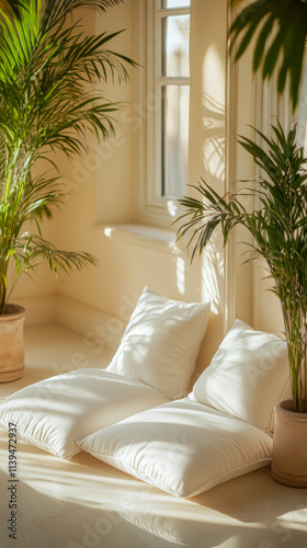 Bright indoor space featuring white cushions and green plants in soft sunlight