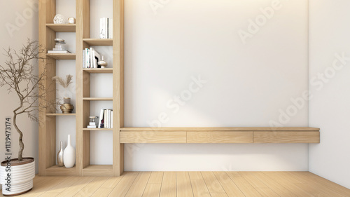 Modern Japanese-style living room with built-in TV cabinet and bookshelf. Wooden floor and white wall. 3d rendering