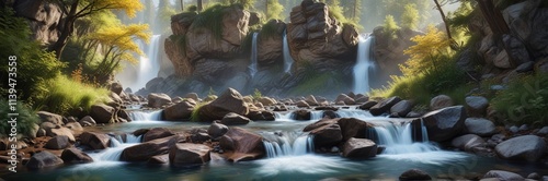 Serene creek waters flowing gently beyond Wildwood Falls , serene, forest