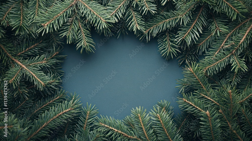 A circular arrangement of evergreen branches framing a blank background. A circular arrangement of evergreen branches framing a blank background.