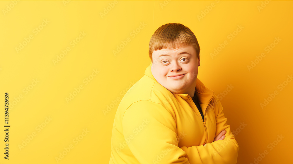 Portrait of smiling laughing man with Down syndrome yellow background. Portrait of smiling laughing man with Down syndrome yellow background.