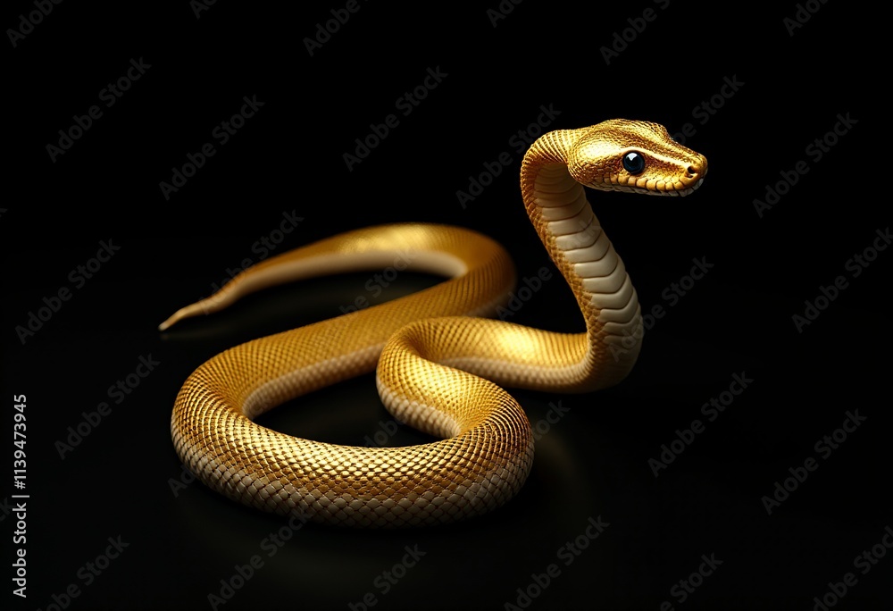 Obraz premium Stunning High-Quality Photograph of a Golden Snake, Coiled Elegantly with Glittering Gold Leaf Patterns, Against a Deep Black Background Highlighting Its Beauty and Grace