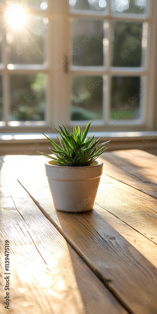 Fototapeta premium Green plant in white pot on wooden table with sunlight streaming through windows