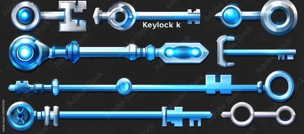 Silver metallic keys, variety designs, detailed, on dark background. Silver metallic keys, variety designs, detailed, on dark background.