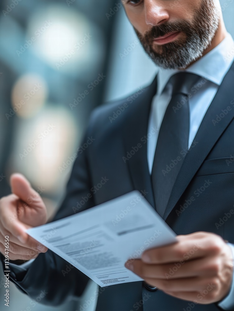 Businessman in Suit Reviewing Important Document with Focus Businessman in Suit Reviewing Important Document with Focus