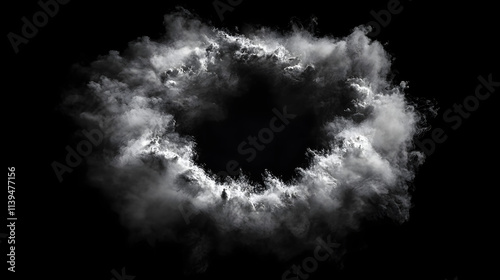 A circular ring of swirling white smoke against a black background, creating an abstract and mysterious visual effect.  .