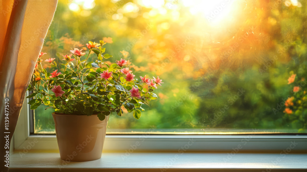 Fototapeta premium Sunlit window with a blooming flower pot showcasing vibrant colors in warm afternoon light