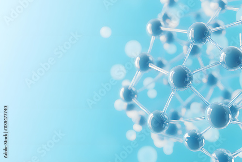 3D molecular structure with blue spheres and connecting lines on a light blue background, symbolizing science, chemistry, technology, nanotechnology, innovation, and scientific research