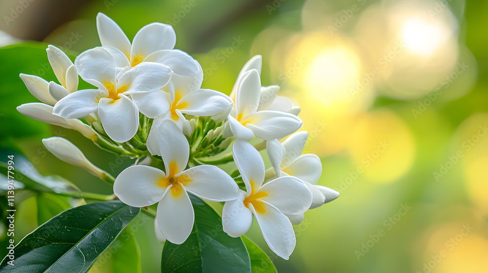 A close-up of a cluster of white flowers with yellow centers and green foliage, shot against a warm, blurred background. A close-up of a cluster of white flowers with yellow centers and green foliage, shot against a warm, blurred background.