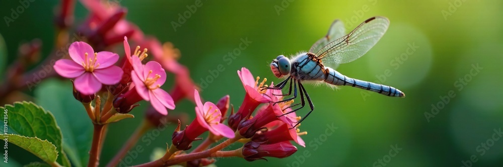 Fototapeta premium dragonfly sips nectar from blackberry flowers blooming, insects, dragonflies