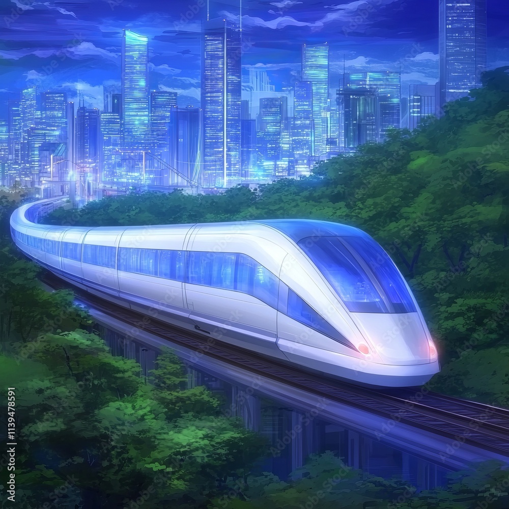 Fototapeta premium Futuristic Cityscape Night Train High Speed Rail Travel