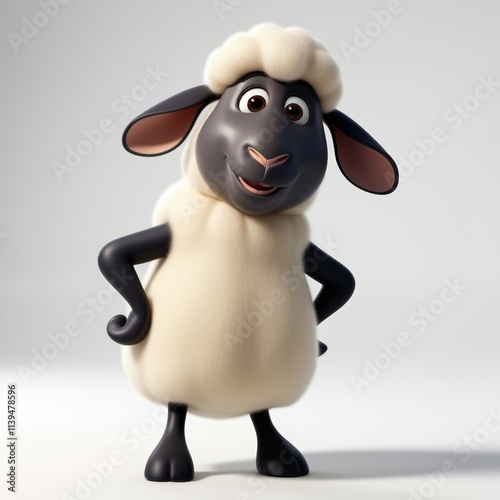 Adorable sheep character in 3D cartoon style with big ears, fluffy texture, and happy face.