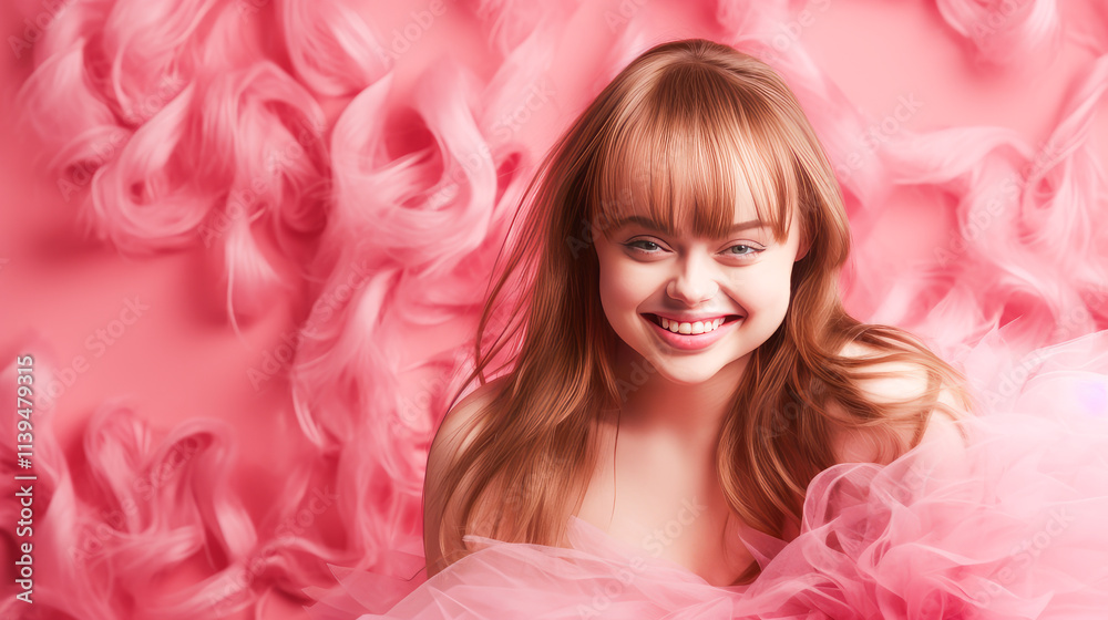 Portrait of smiling laughing woman with Down syndrome pink background. Portrait of smiling laughing woman with Down syndrome pink background.