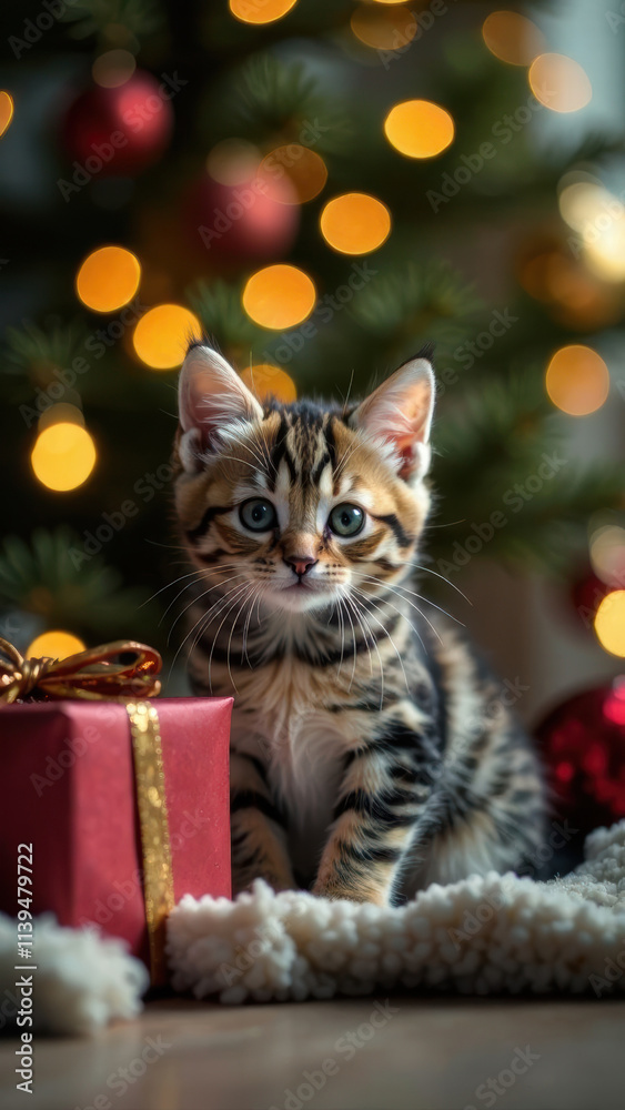 Cute little tabby kitten cat looking at camera sits near the gift box against the decorated Christmas tree lights background. Festive eve postcard. New Year card with animal. Waits the magic miracle