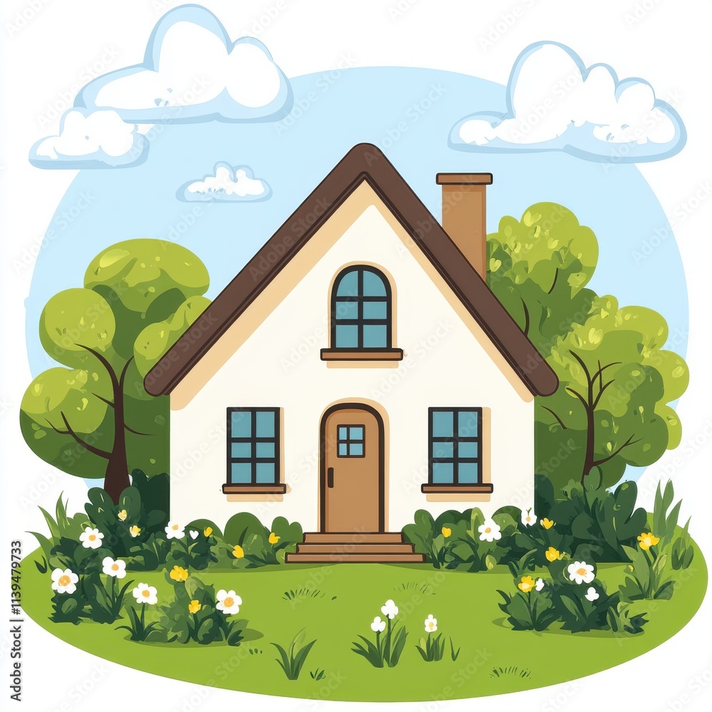 Naklejka premium Charming cartoon house surrounded by lush greenery and blooming flowers, evoking a peaceful and inviting atmosphere.