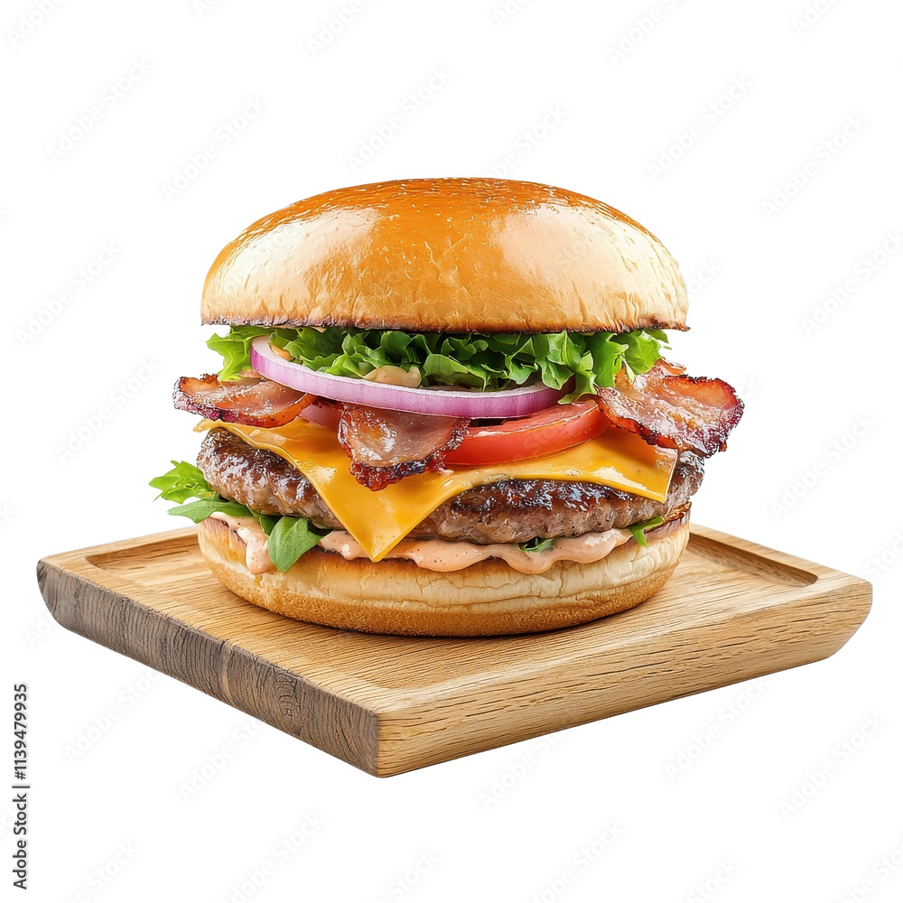 Bacon cheeseburger on a wooden tray, isolated on a white background, rustic and appetizing. PNG Bacon cheeseburger on a wooden tray, isolated on a white background, rustic and appetizing. PNG